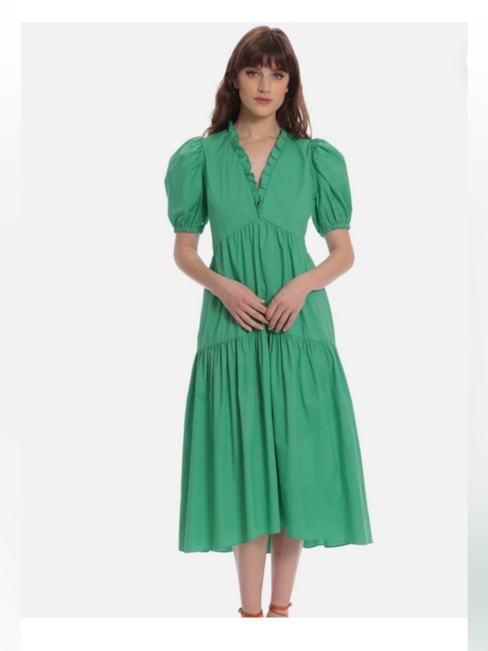 Donna Morgan Green Ruffle V-Neck‎ Maxi Dress